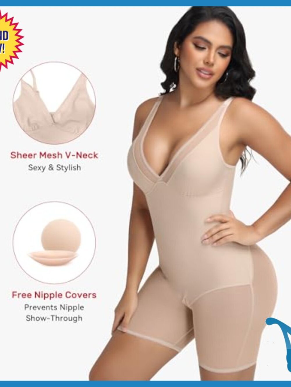 V Neck Shapewear Bodysuit Tummy Control Butt Lifting Full Body Shaper - Picture 2 of 7